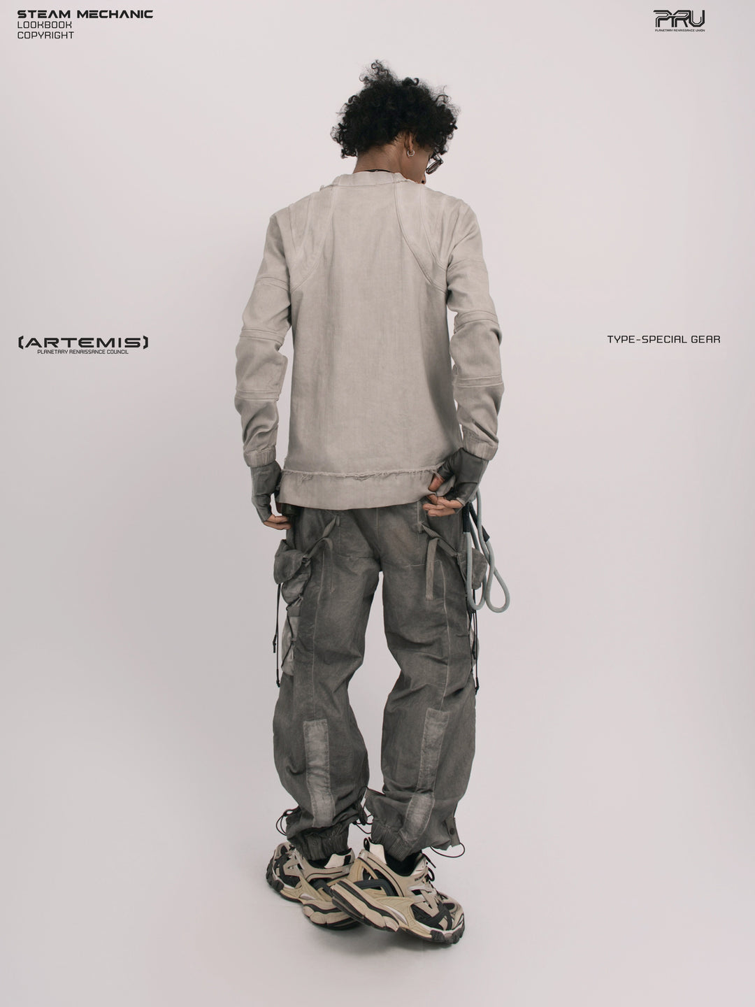 CHAOS ERA eris white raw-edge long-sleeve top — opposite three-quarter rear modeled view