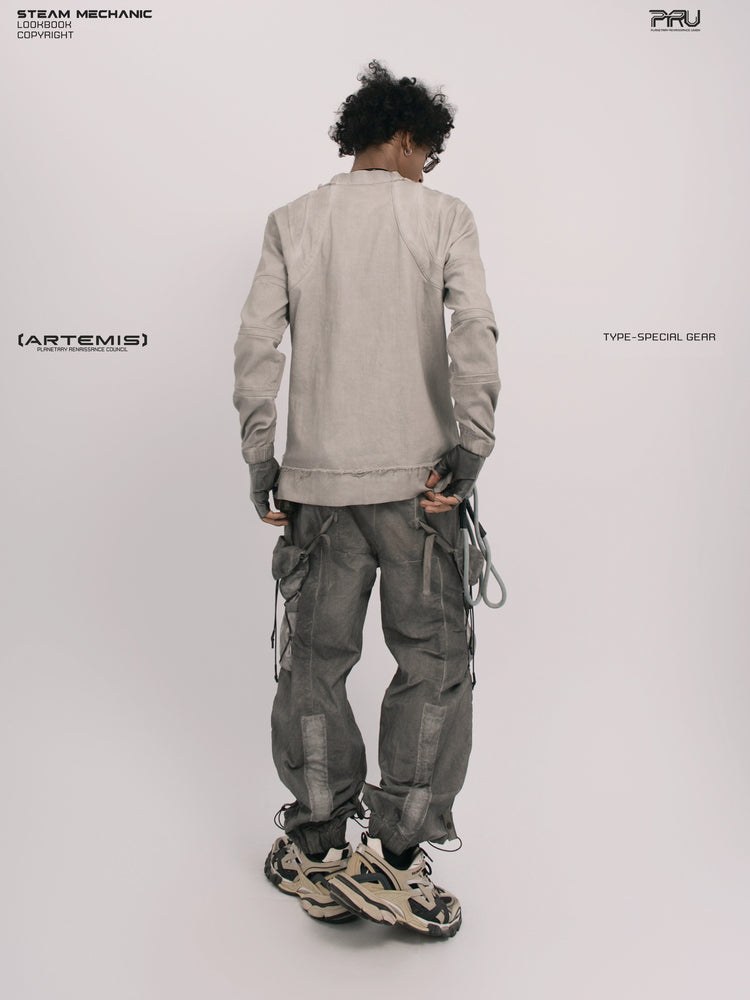 CHAOS ERA eris white raw-edge long-sleeve top — opposite three-quarter rear modeled view
