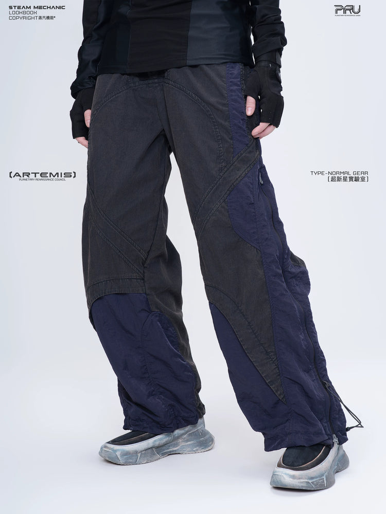 SUPERNOVA zima blue metallic nylon technical pants — construction detail