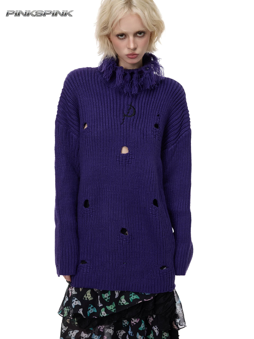 PINKSPINK ELECTRIC MOON distressed high-neck sweater — purple front modeled view with high fringed collar