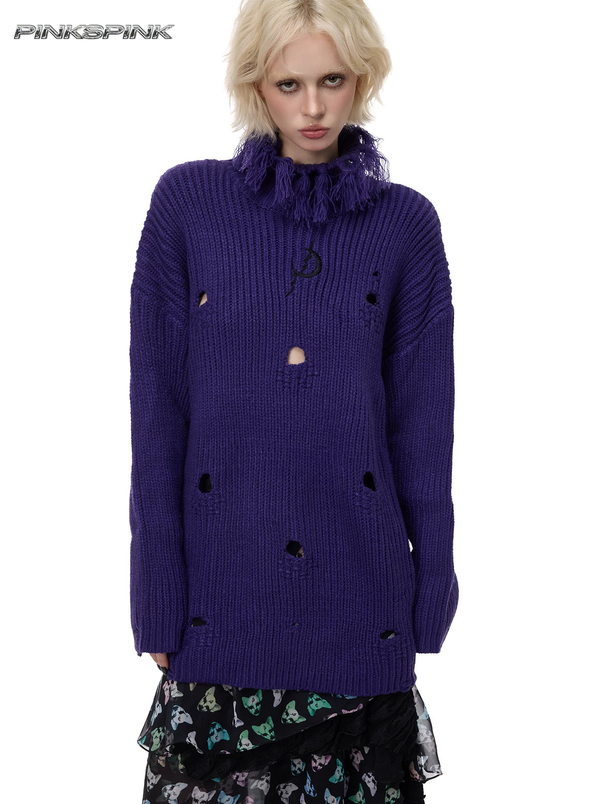 PINKSPINK ELECTRIC MOON distressed high-neck sweater — purple front modeled view with high fringed collar