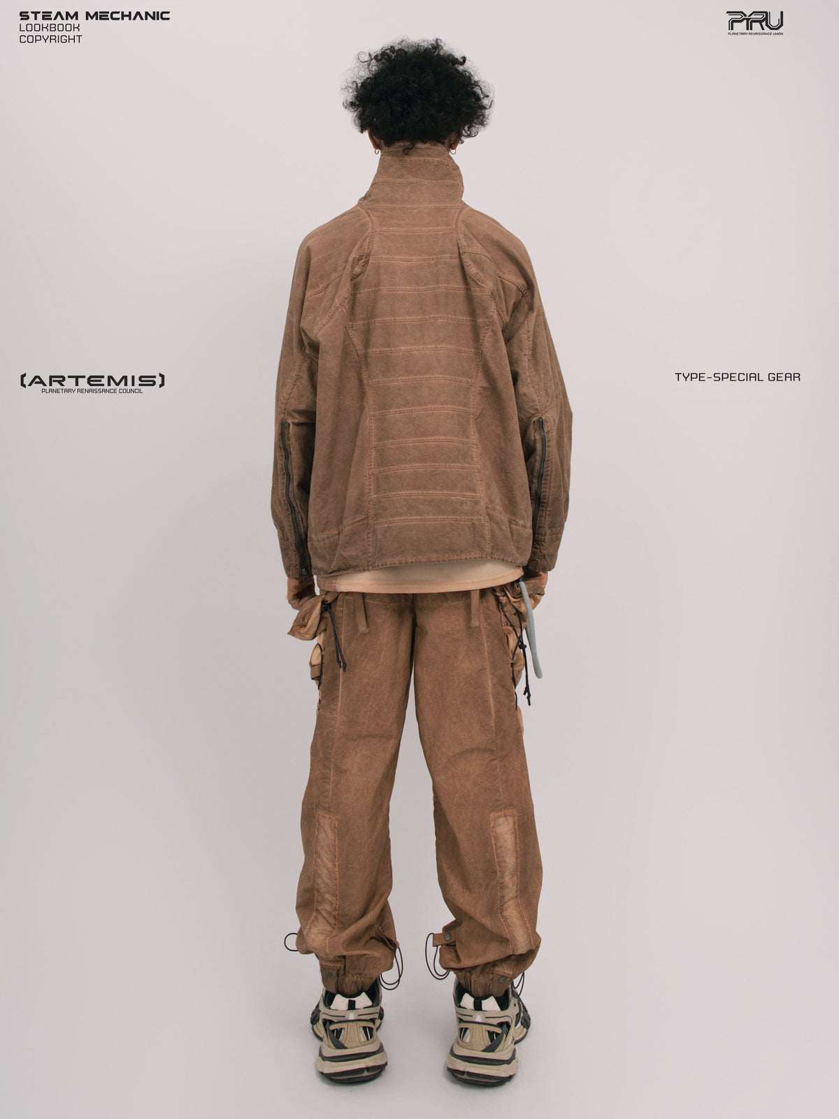 ARTEMIS soft dawn orange tuck-paneled technical jacket — full-length back modeled view