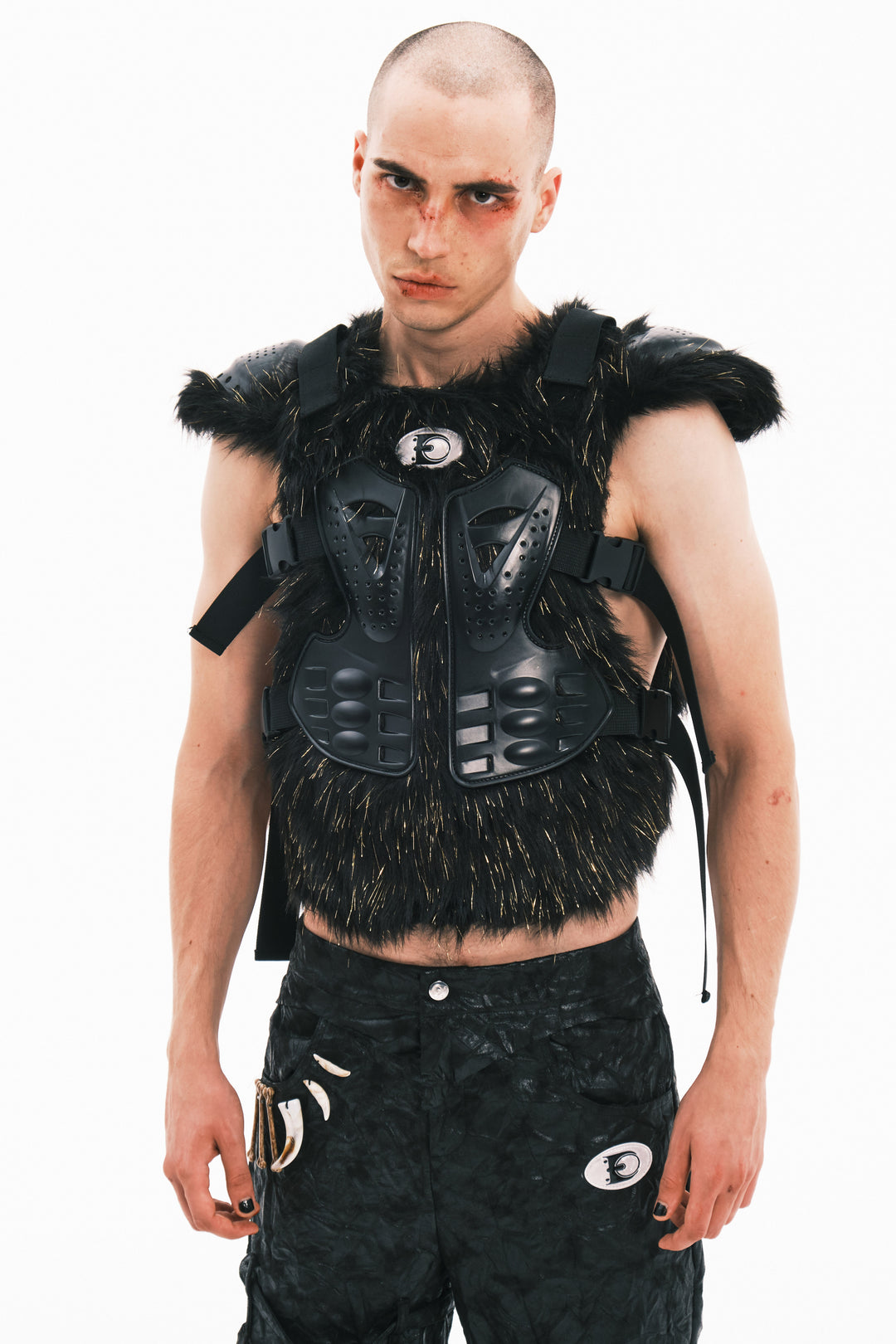 EMBRYO GOLD MECHA long-pile armored vest — close modeled styling view