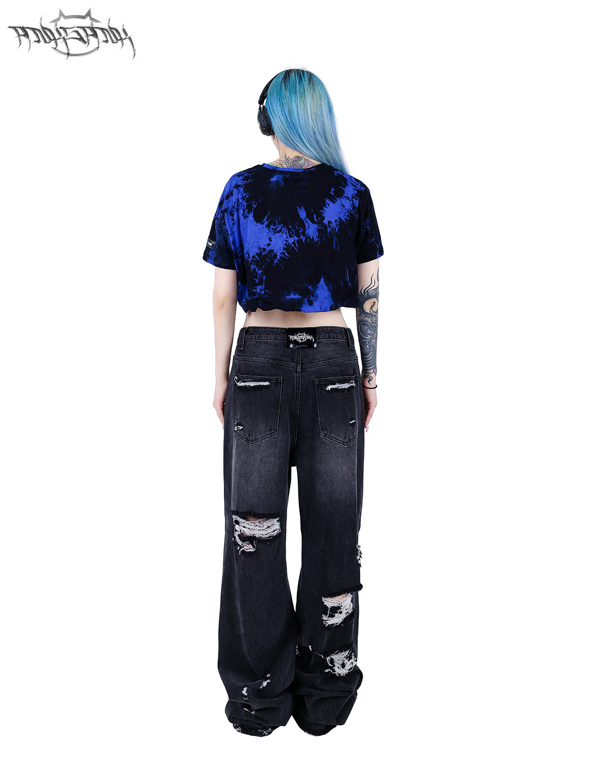 PINKSPINK ELECTRIC MOON double-layer tie-dye crop tee — blue-black full-length back modeled view