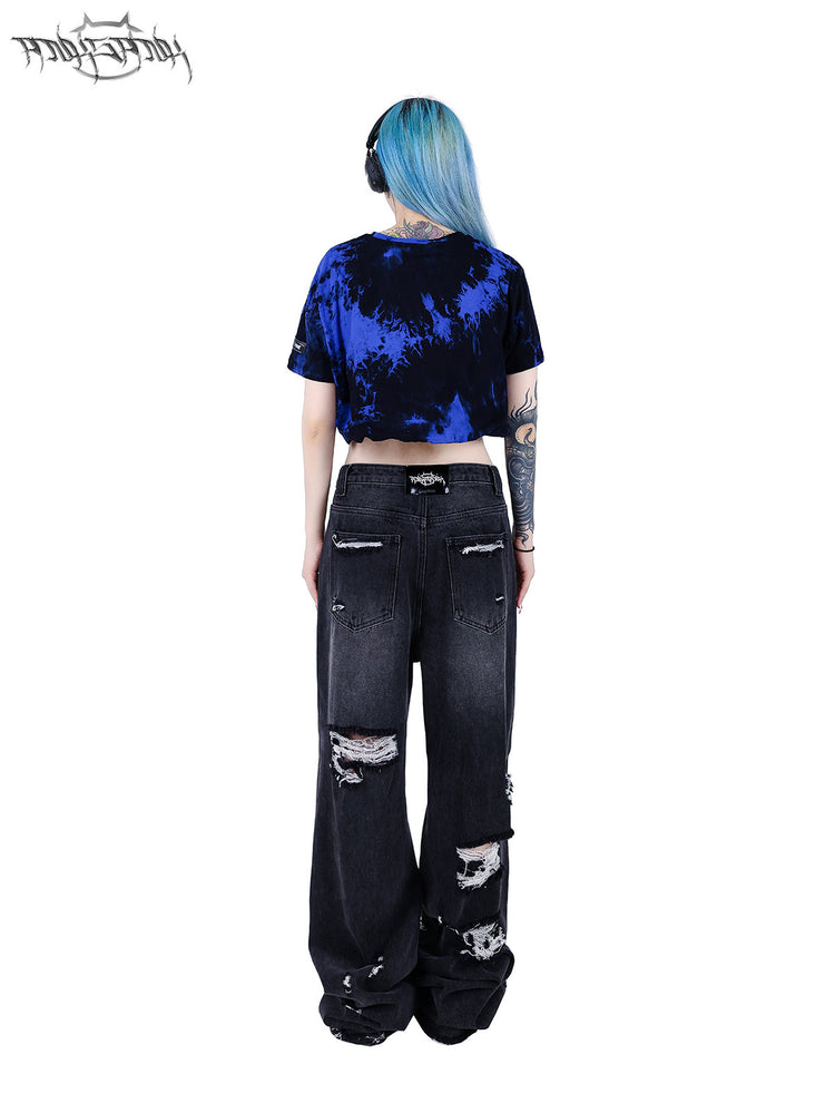PINKSPINK ELECTRIC MOON double-layer tie-dye crop tee — blue-black full-length back modeled view