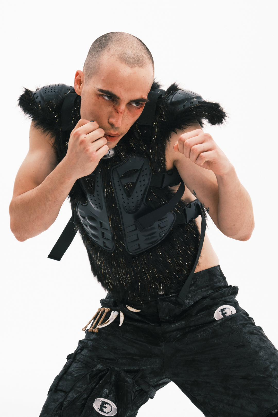 EMBRYO GOLD MECHA long-pile armored vest — full-length modeled styling view