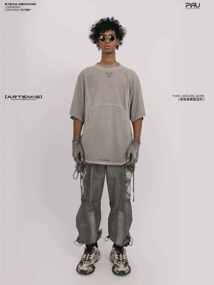 STARFIELD WELDER lunar sea gray distressed mesh tee — front modeled product view