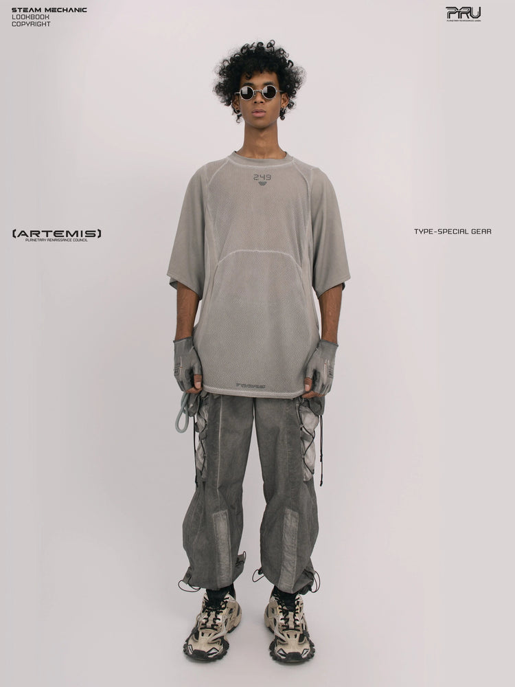 STARFIELD WELDER lunar sea gray distressed mesh tee — full-length front modeled view