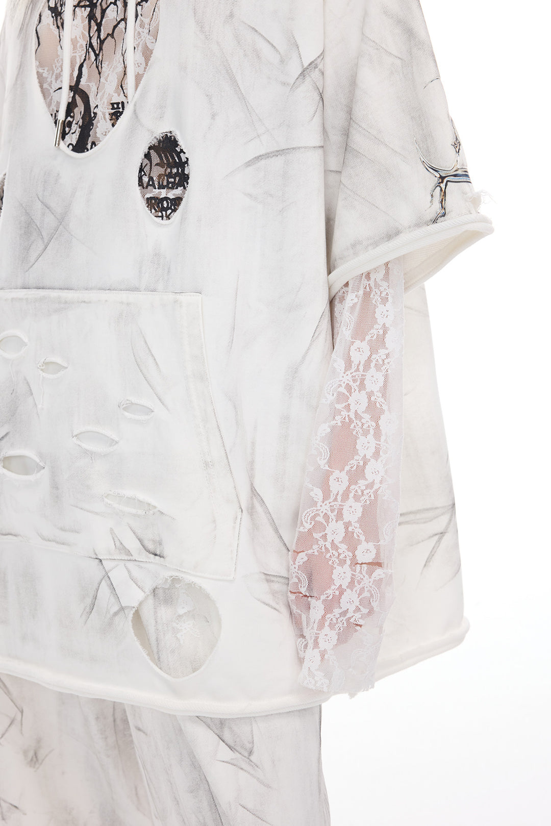 PINKSPINK ELECTRIC MOON coated distressed hoodie — product detail view showing texture and hardware