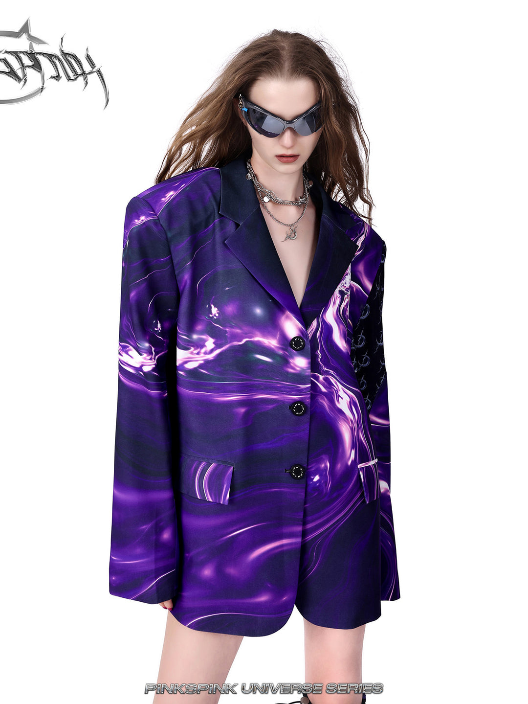 PINKSPINK ELECTRIC MOON layered alloy necklace in silver — angled modeled close-up with a purple blazer