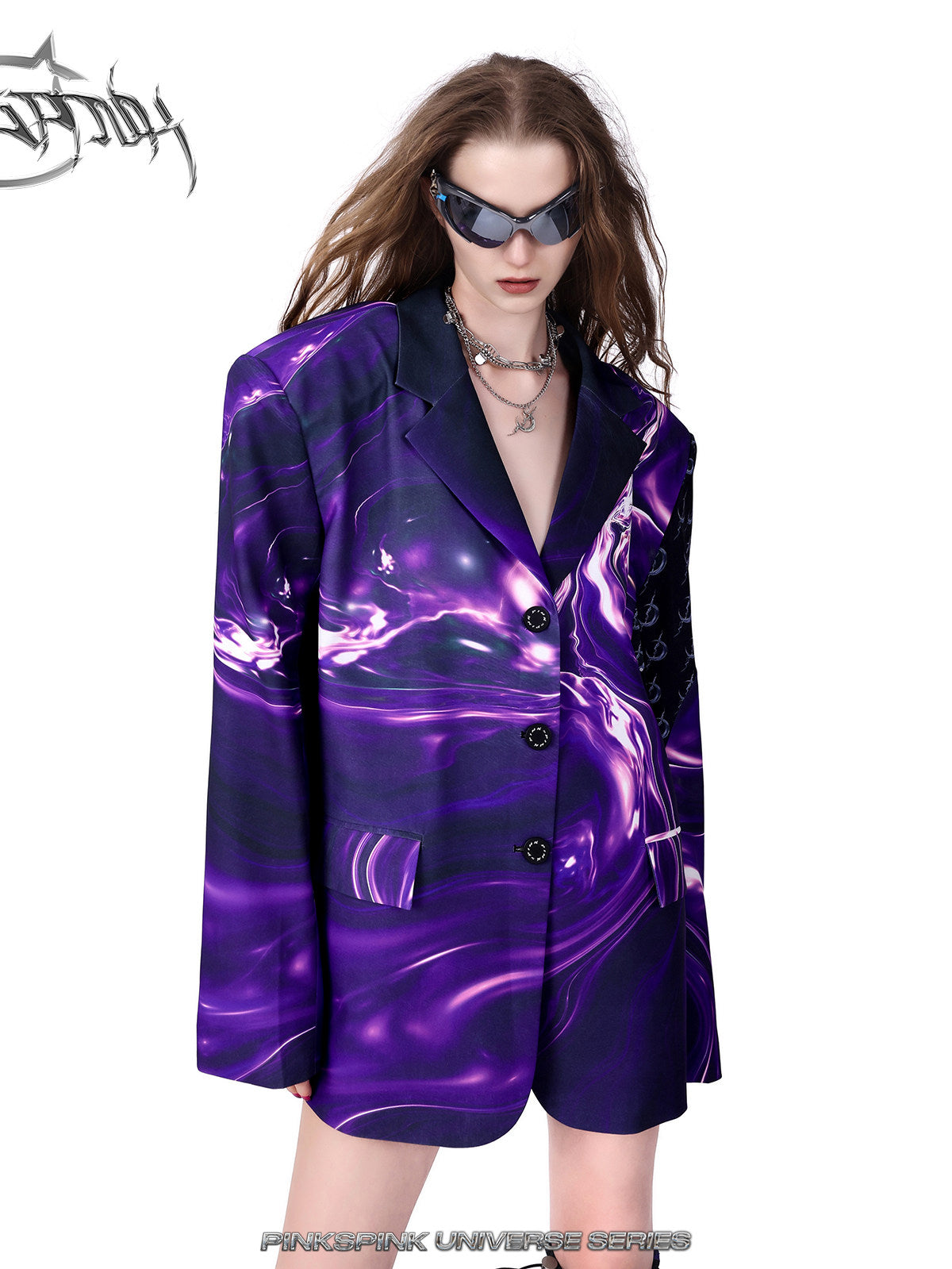 PINKSPINK ELECTRIC MOON layered alloy necklace in silver — angled modeled close-up with a purple blazer