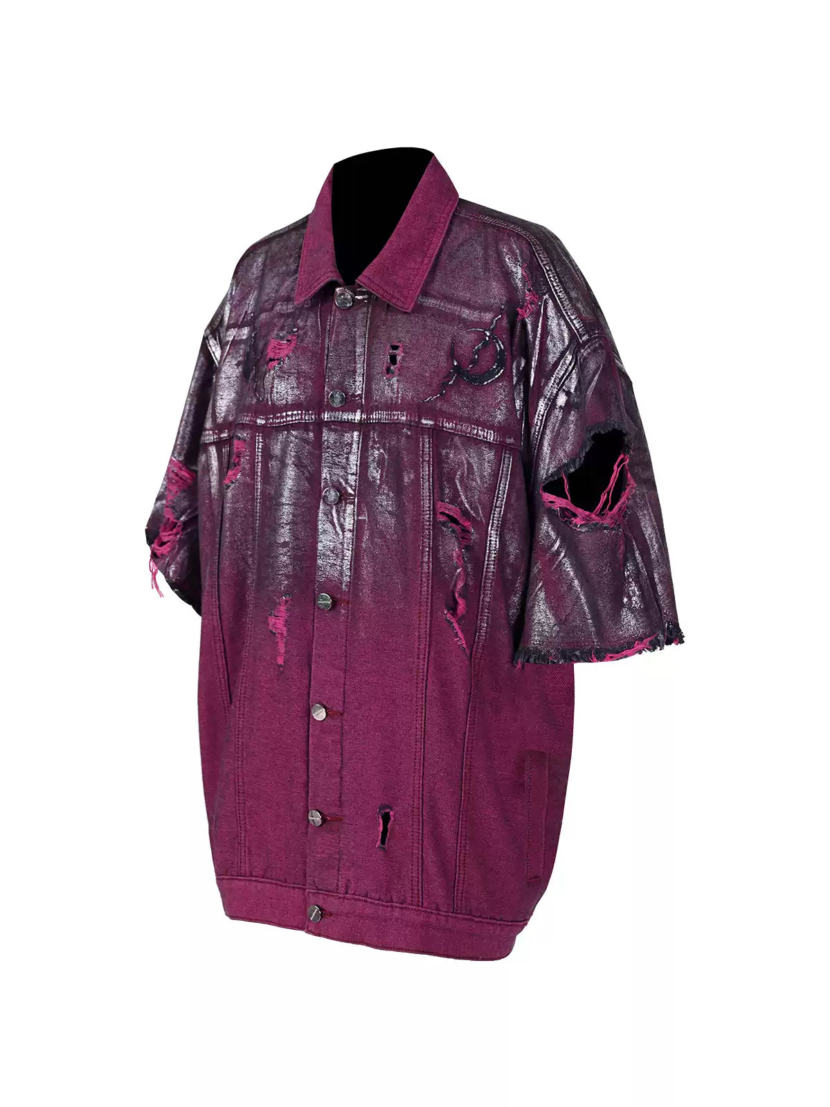 PINKSPINK silver-coated distressed denim jacket in WASTELAND PINK — garment-only front view.