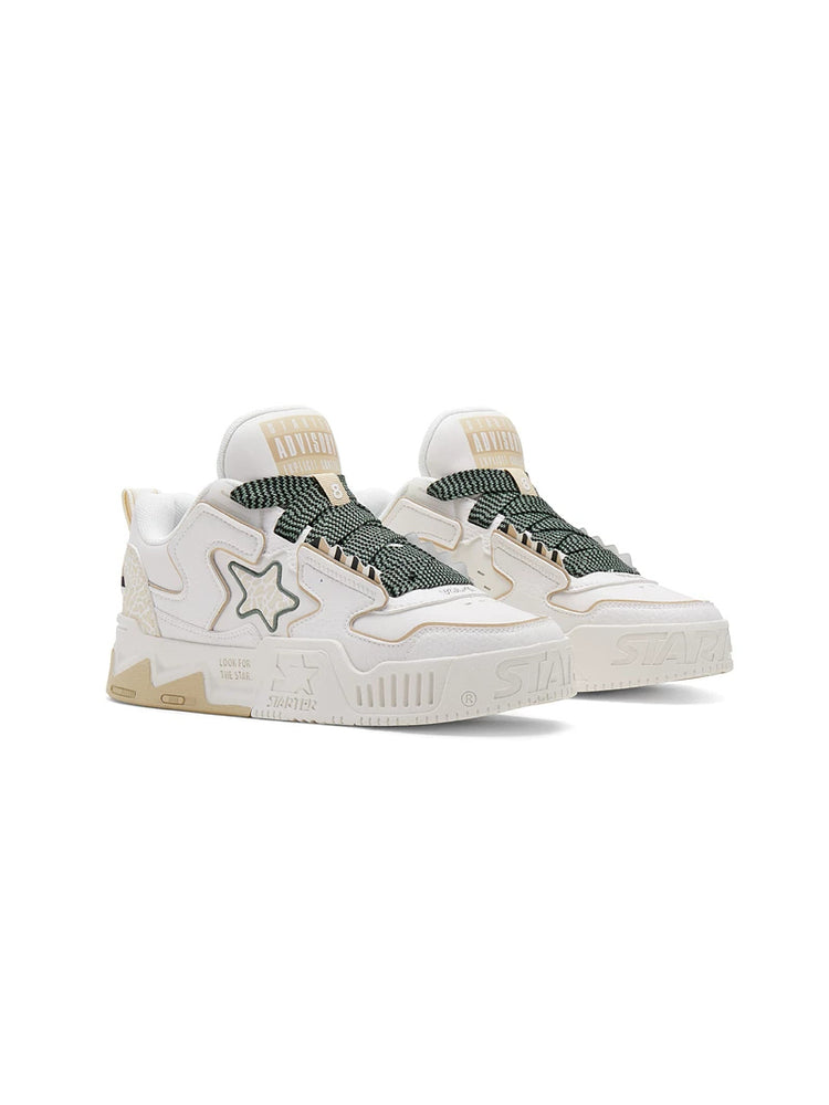 STARTER VOL-II White sneakers in a clean studio pair view, showing broad patterned laces and layered star panels
