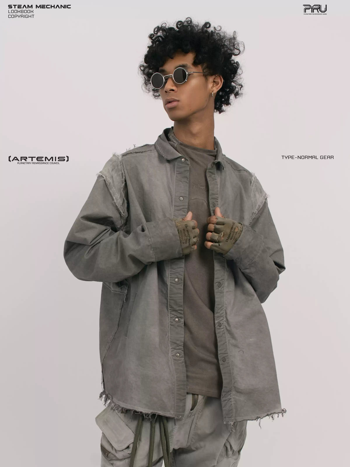 CHAOS ERA moon dust gray raw-edge technical shirt — front three-quarter modeled view with clasped hands
