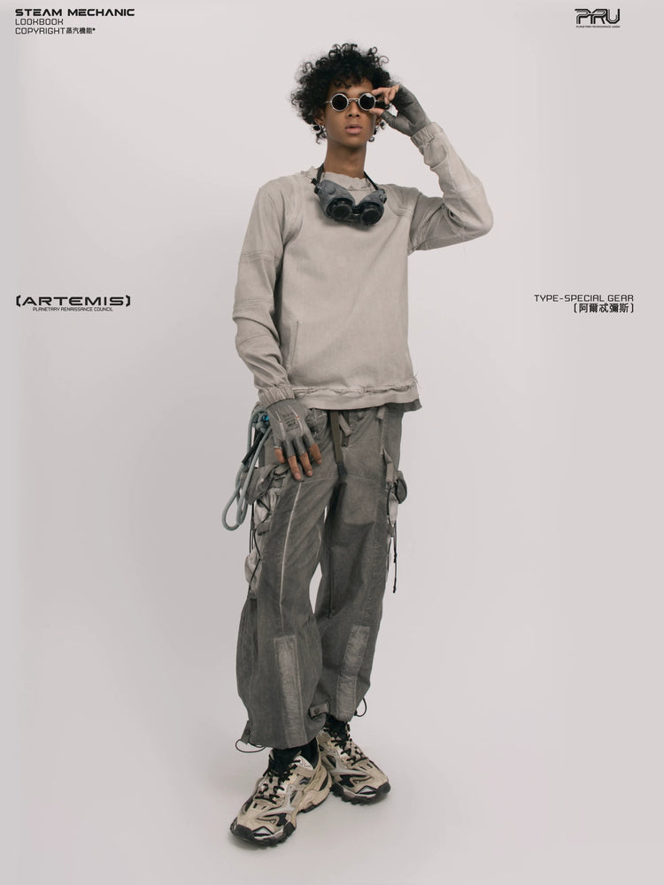 CHAOS ERA eris white raw-edge long-sleeve top — full-length styled view
