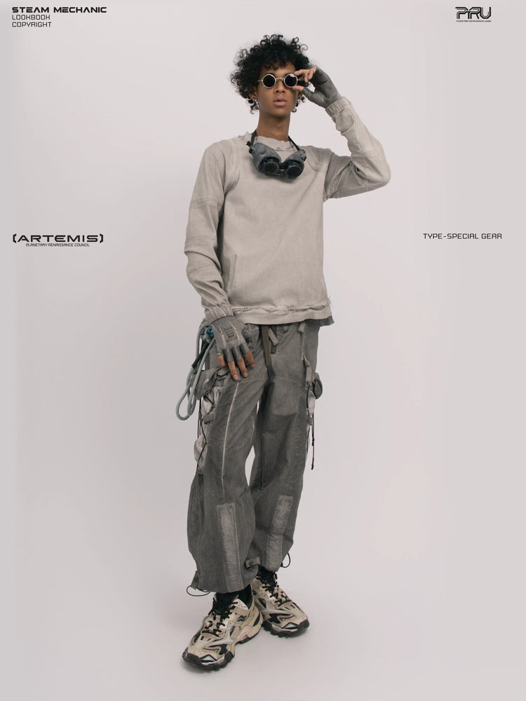 CHAOS ERA eris white raw-edge long-sleeve top — full-length front view adjusting sunglasses