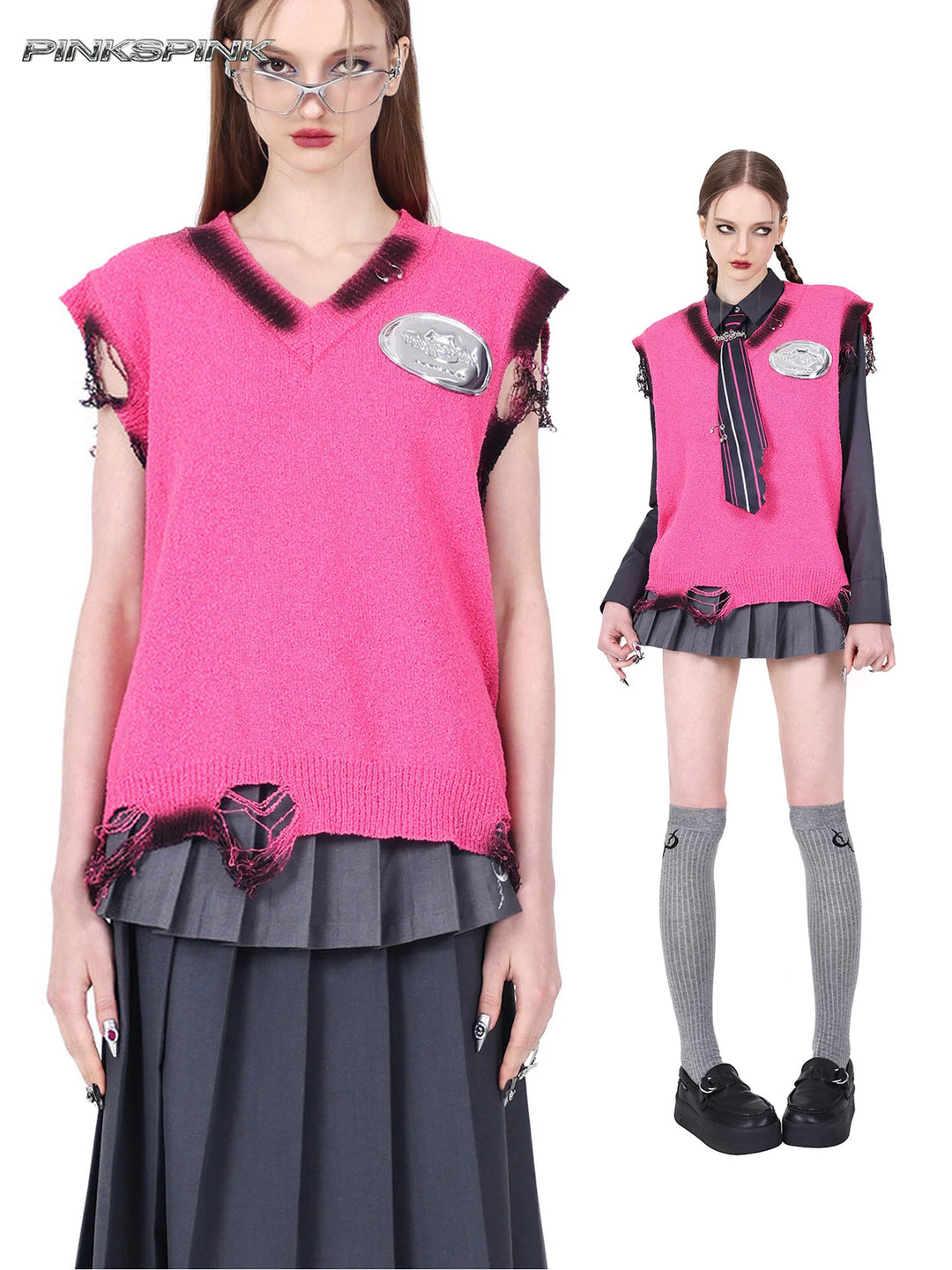 PINKSPINK REBEL distressed ring-detail knit vest in pink — collage of a close front modeled view and full-length layered school-uniform styling