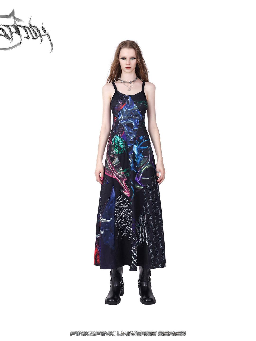 PINKSPINK ELECTRIC MOON layered alloy necklace in silver — straight front outfit view with a printed slip dress