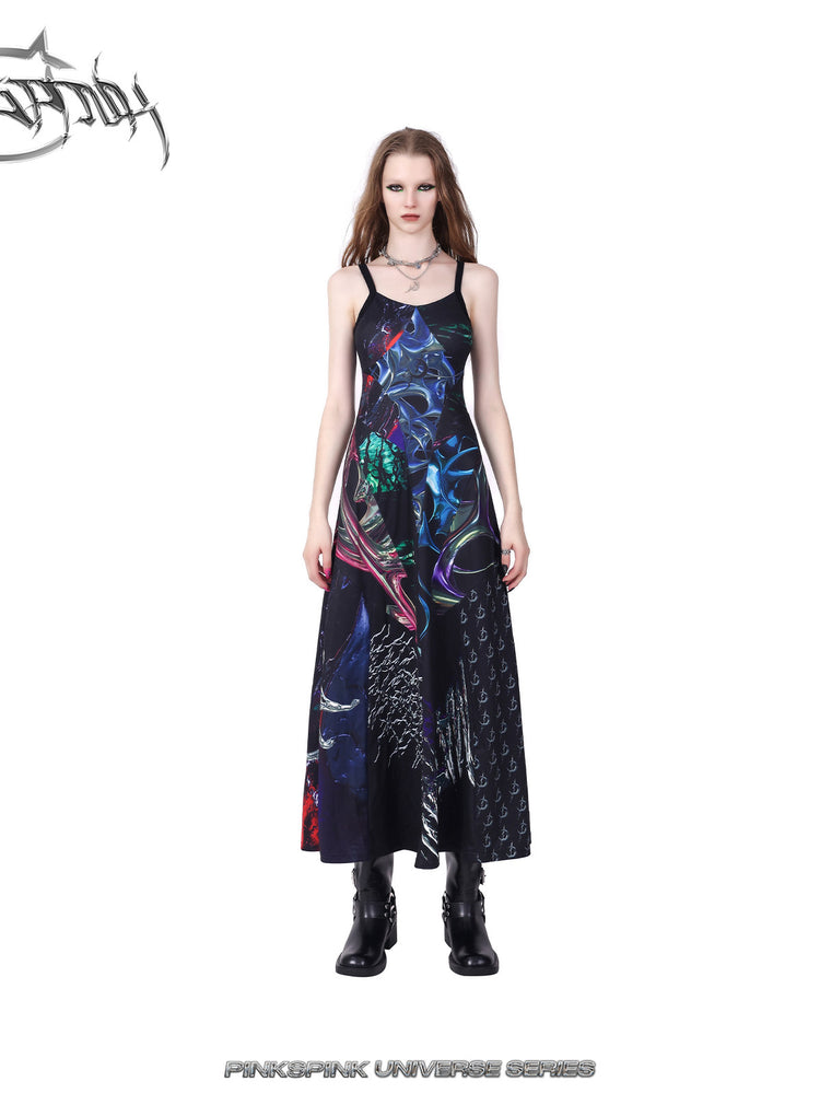 PINKSPINK ELECTRIC MOON layered alloy necklace in silver — straight front outfit view with a printed slip dress