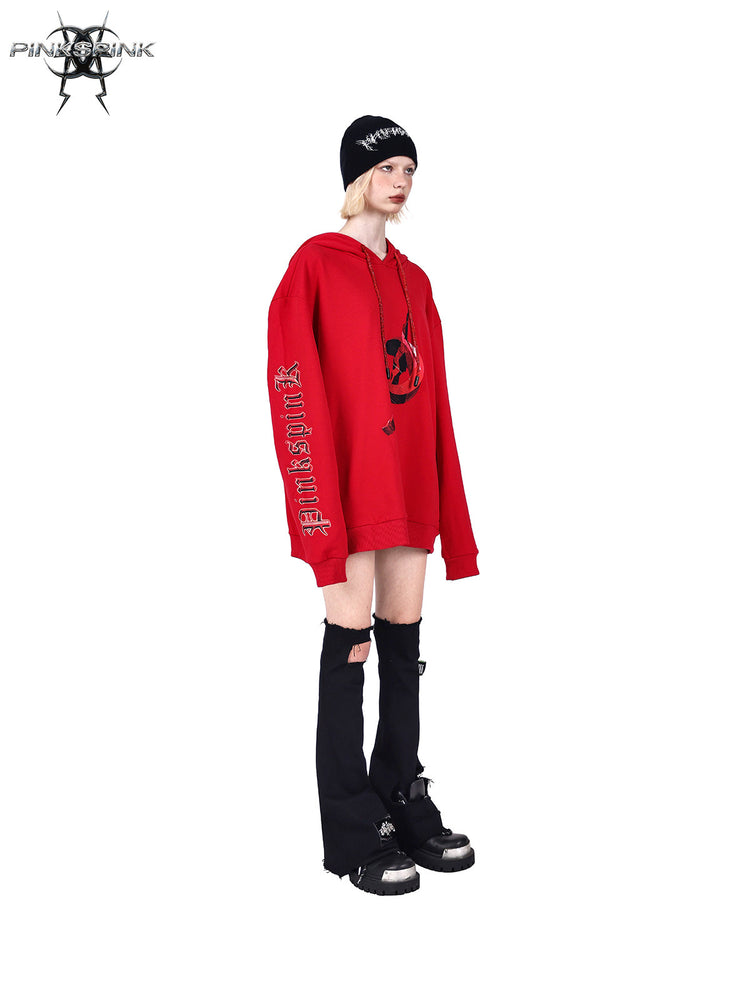 PINKSPINK MIRROR rhinestone-drawcord oversized hoodie — opposite-side full-length modeled view in red