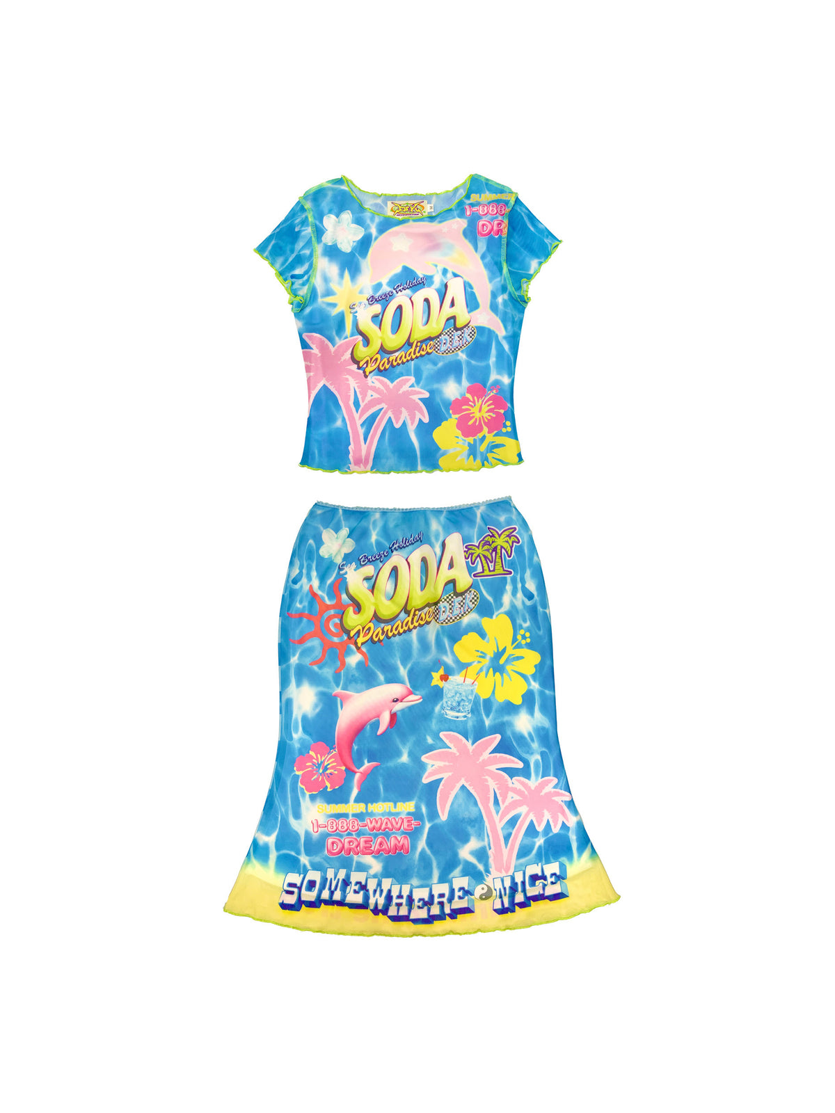 DEADENDKIDS SODA PARADISE mesh top & fishtail skirt — full-length modeled view