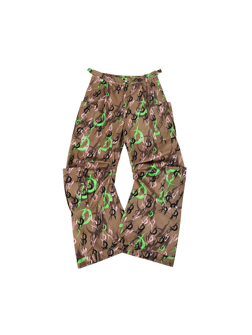 PINKSPINK ELECTRIC MOON sculpted camo cargo trousers in CAMOUFLAGE — garment-only front.