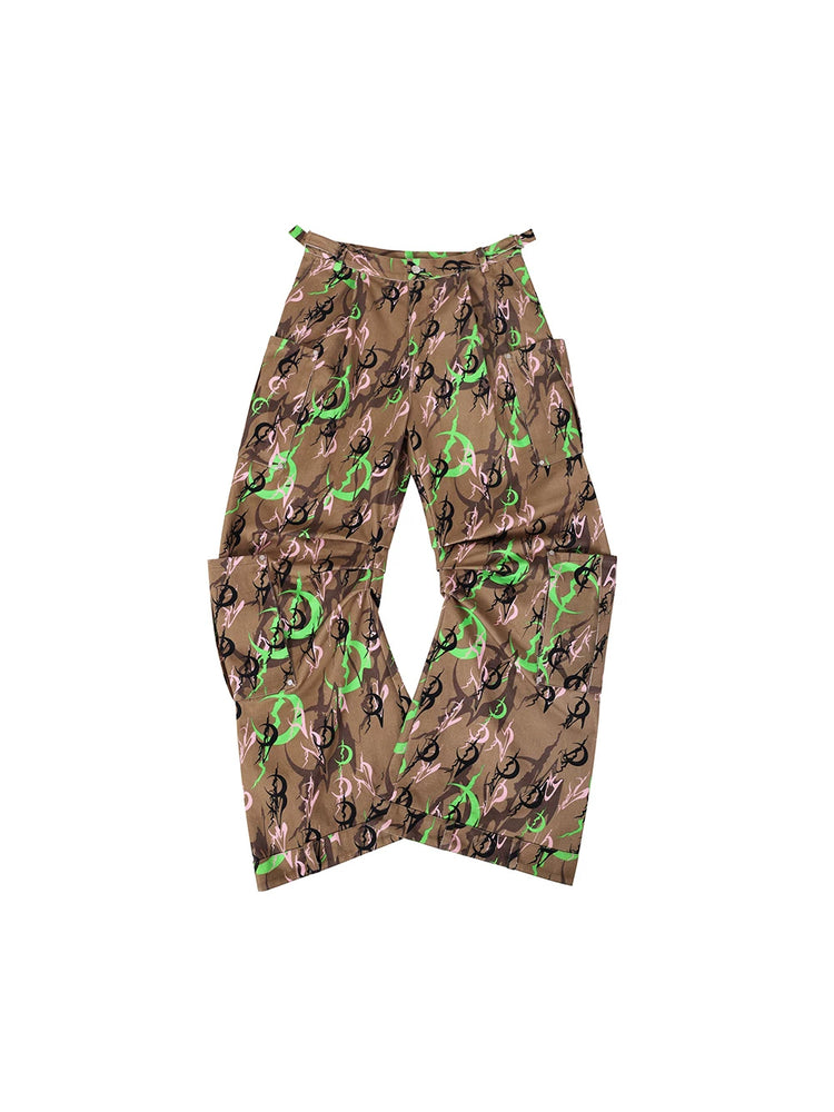 PINKSPINK ELECTRIC MOON sculpted camo cargo trousers in CAMOUFLAGE — garment-only front.