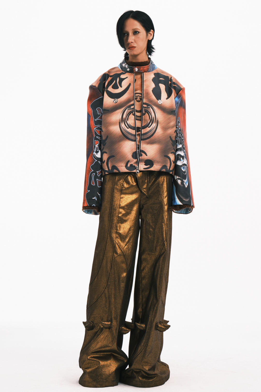 EMBRYO POWER TOTEM muscle-print PU leather jacket — full-length modeled styling view