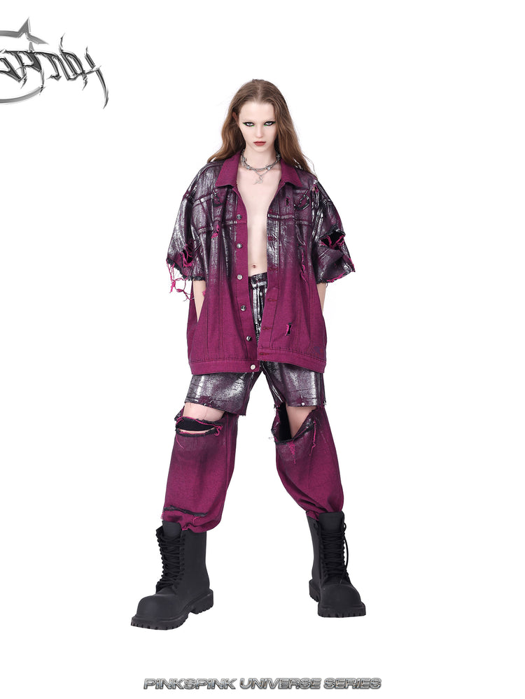 PINKSPINK silver-coated distressed denim jacket in WASTELAND PINK — front view with an open placket and relaxed stance.