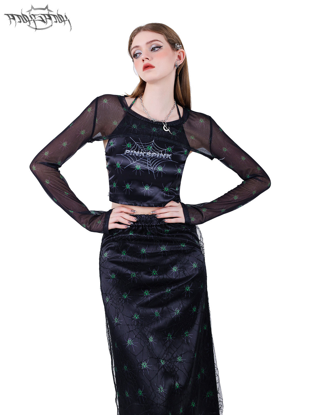 PINKSPINK SPIDER layered web-mesh midi skirt — front waist-to-hem modeled view showing the stretch waistband