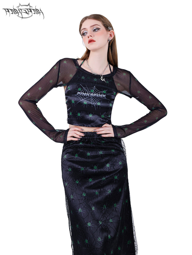 PINKSPINK SPIDER layered web-mesh midi skirt — front waist-to-hem modeled view showing the stretch waistband