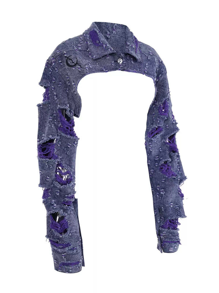 PINKSPINK BROKEN VIOLET distressed denim cropped jacket — alternate gallery view showing the design details