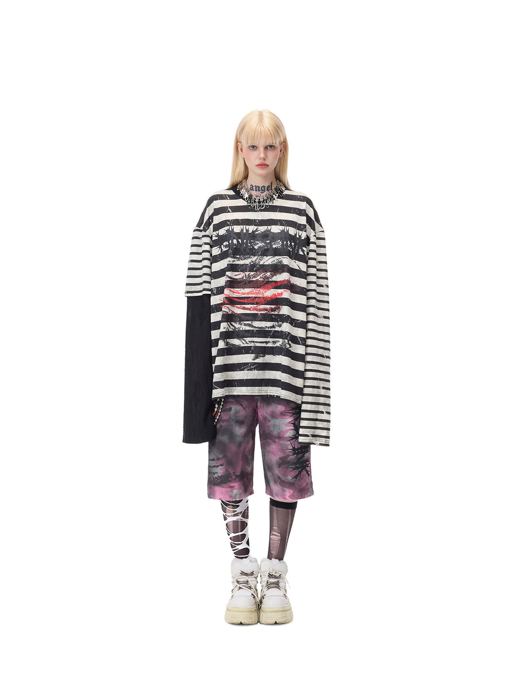 PINKSPINK STATIC asymmetric striped burnout long-sleeve tee in black and white — centered full-length front modeled pose also used in the fixed gallery