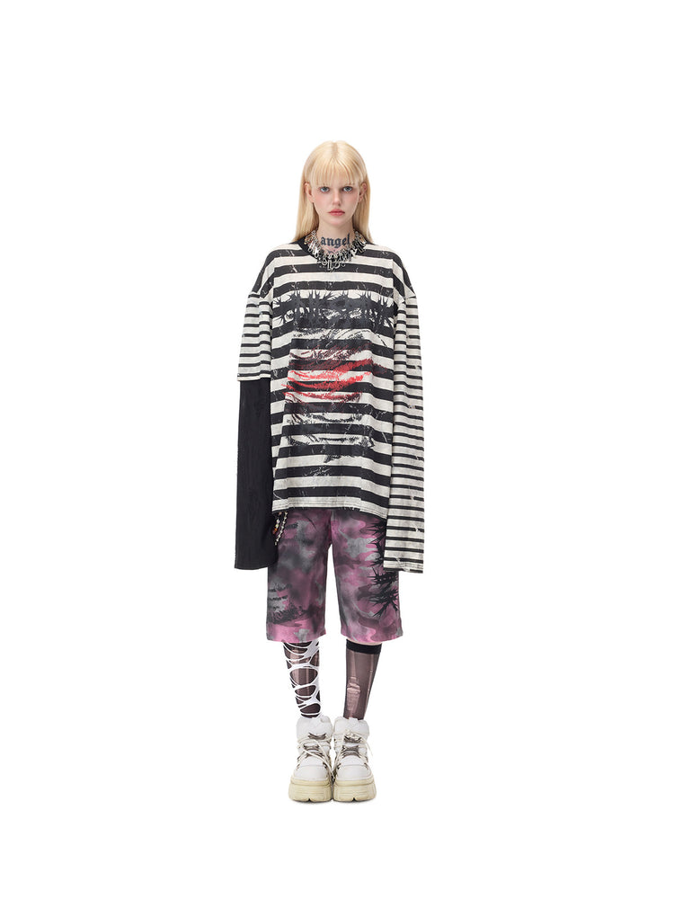 PINKSPINK STATIC asymmetric striped burnout long-sleeve tee in black and white — centered full-length front modeled pose also used in the fixed gallery