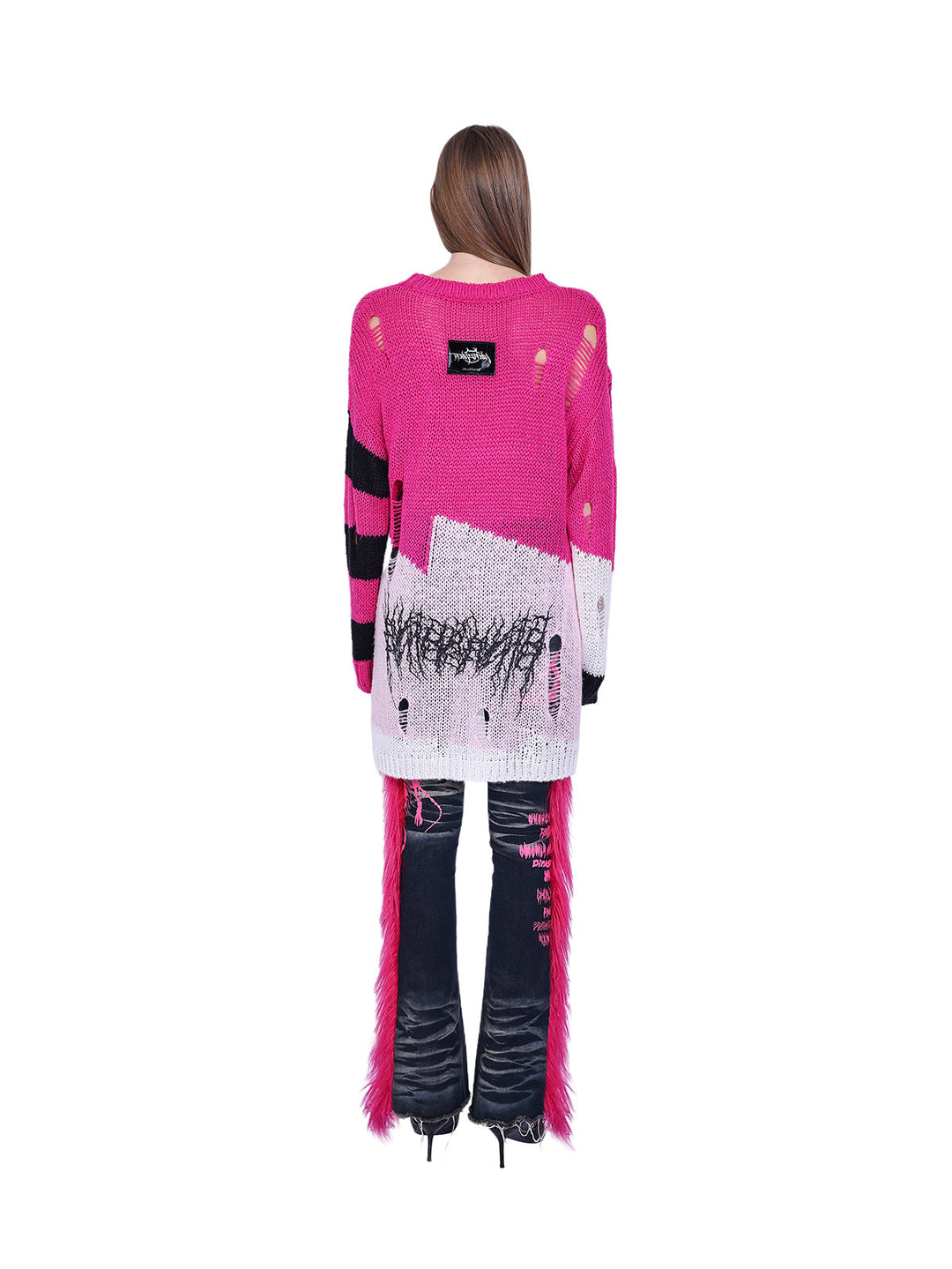 PINKSPINK SPHYNX distressed striped graphic sweater — pink graphic sweater — full-length back view