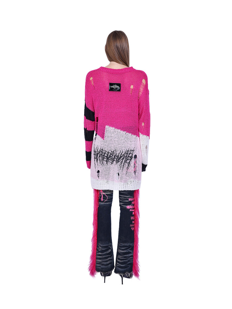 PINKSPINK SPHYNX distressed striped graphic sweater — pink graphic sweater — full-length back view