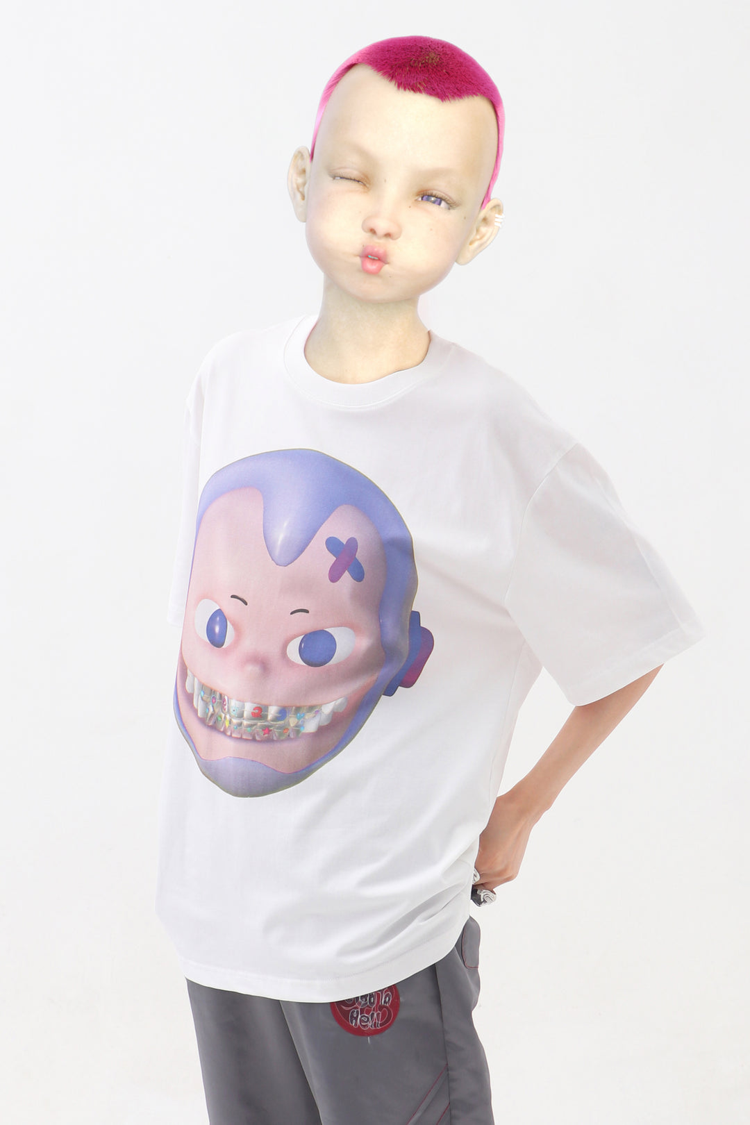 EMBRYO E23 LITTLE ONE oversized white graphic tee — additional styled view