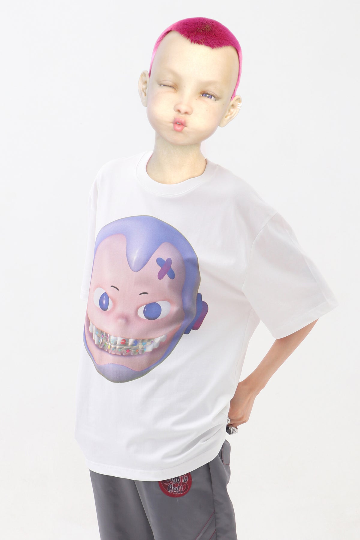 EMBRYO E23 LITTLE ONE oversized white graphic tee — additional styled view