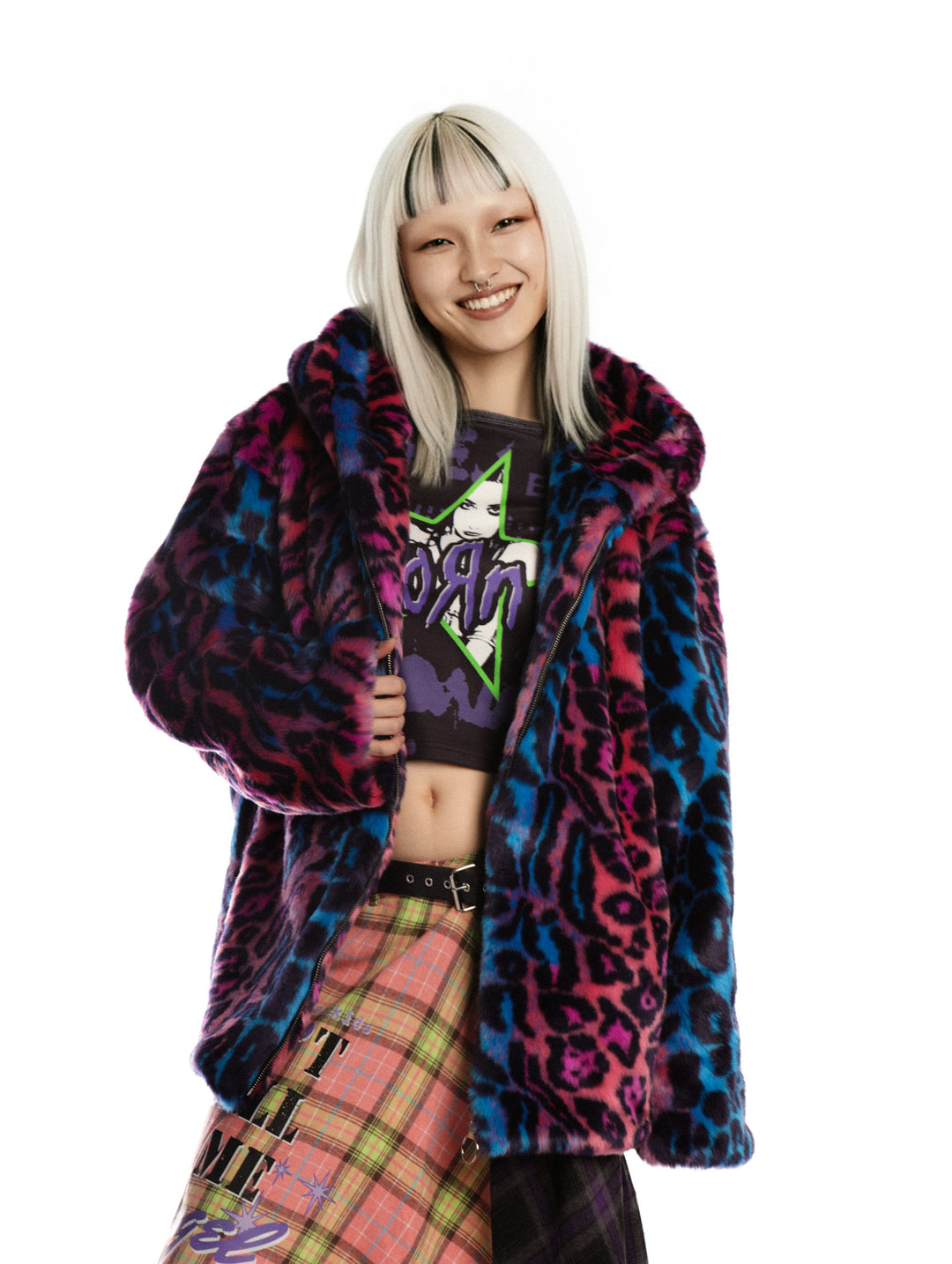 DeadEndKids leopard-print faux-fur hooded jacket in blue purple — angled modeled view with hood down