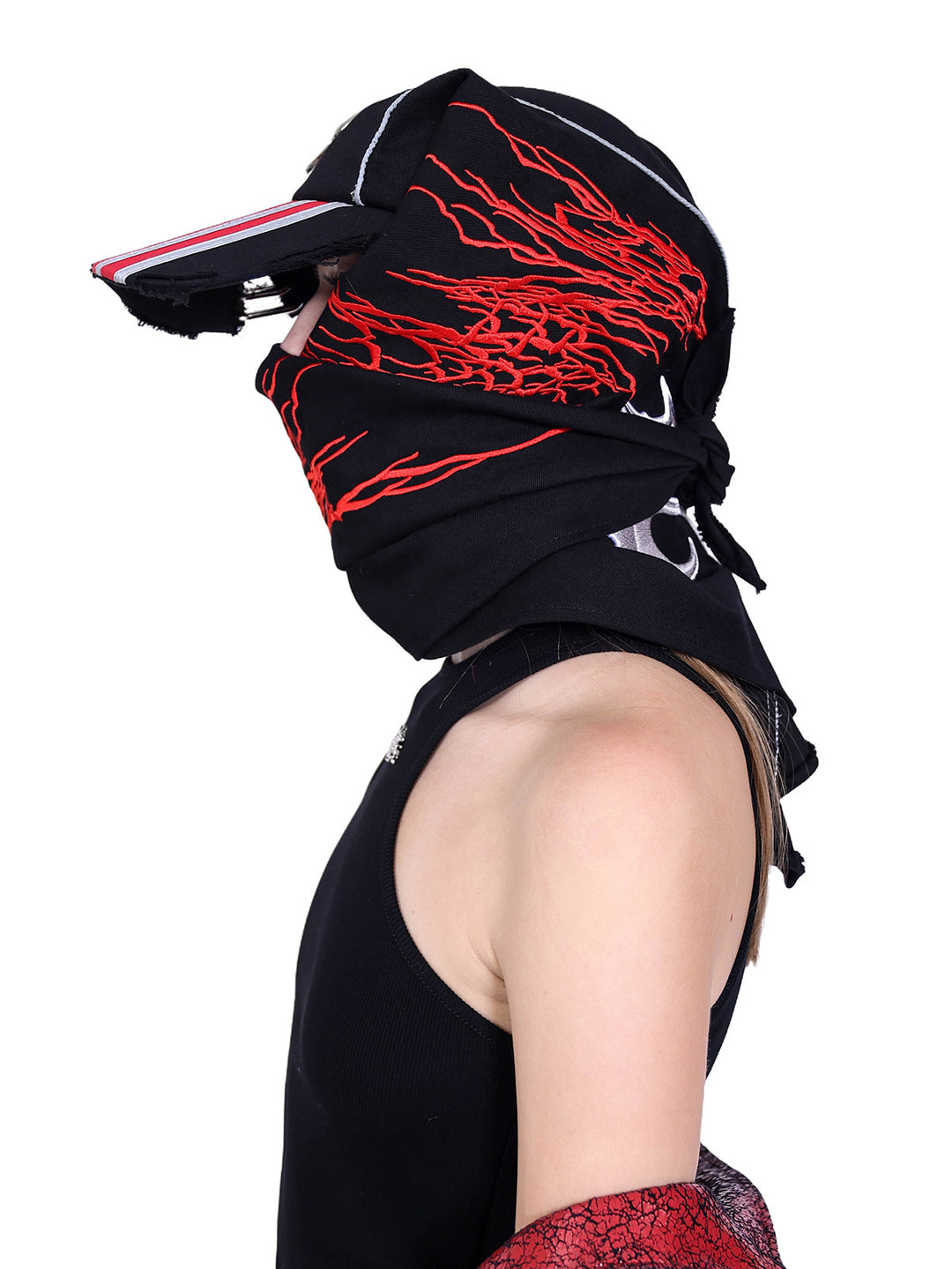PINKSPINK ELECTRIC MOON embroidered bandana baseball cap — modeled detail view of the garment construction