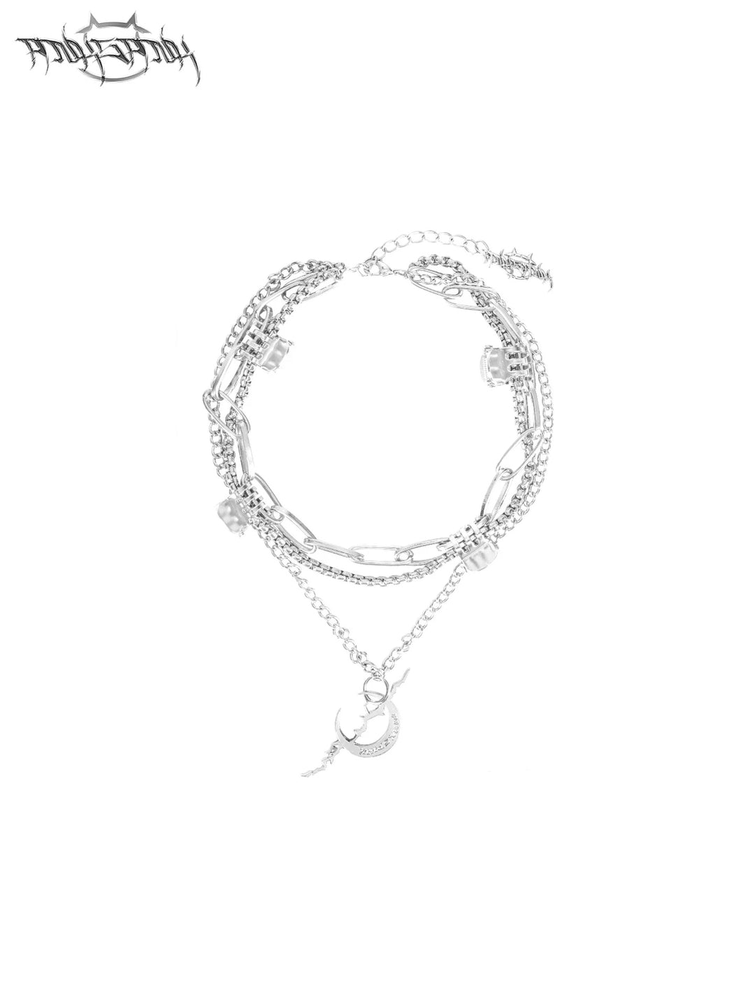 PINKSPINK ELECTRIC MOON layered alloy necklace in silver — product-only view showing the layered chains, logo links and crescent pendant