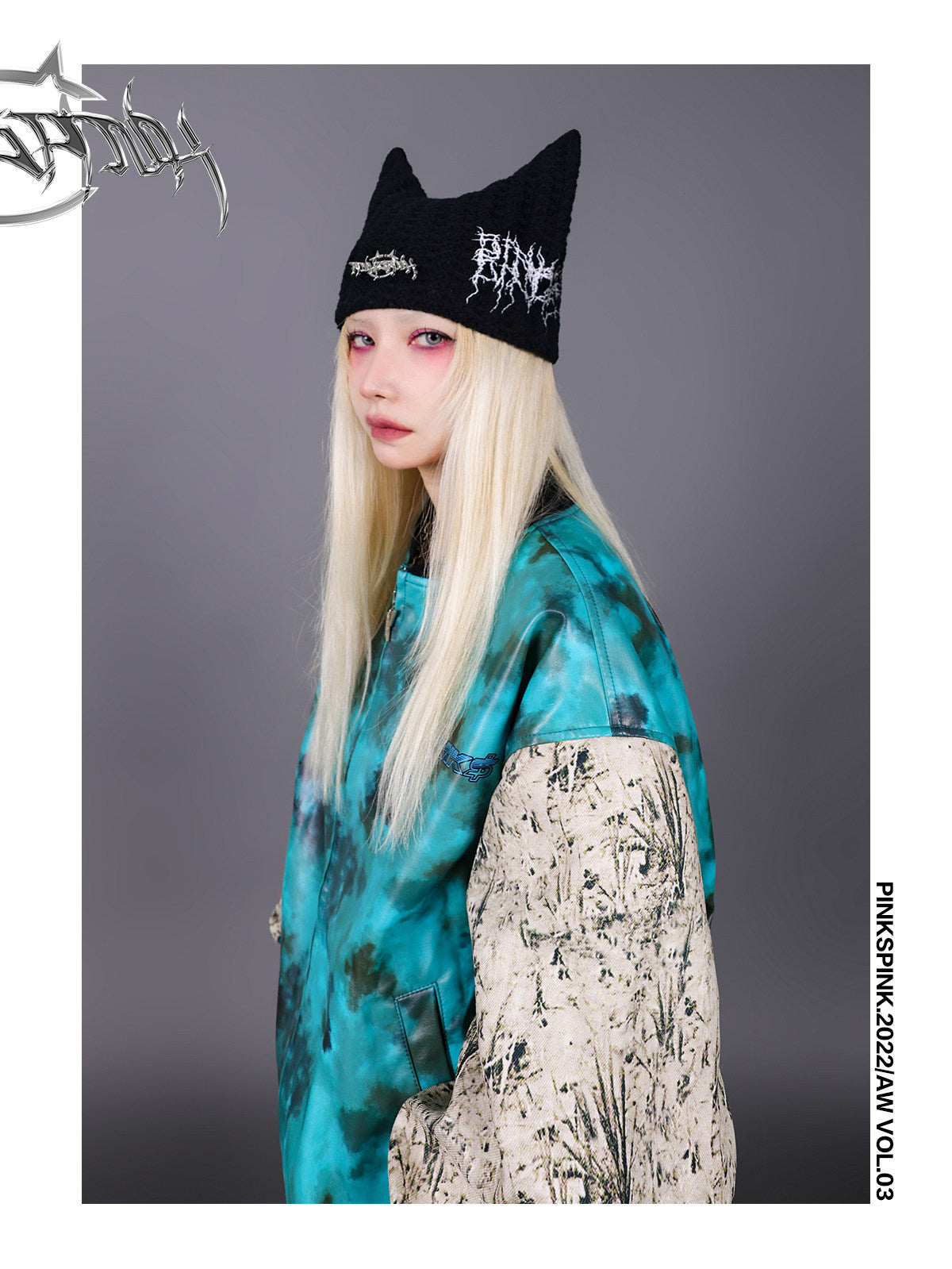 PINKSPINK SPHYNX thorn-embroidered cat-ear beanie — full-length modeled styling view