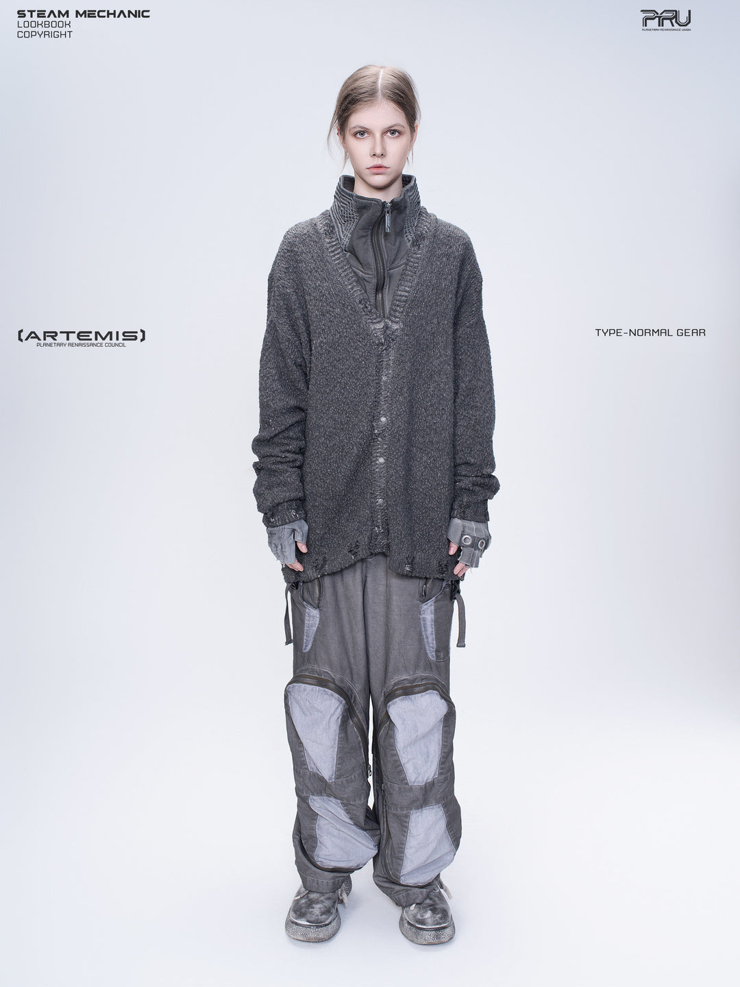 PIONEER moon dust gray moon-protection distressed sweater — front modeled product view