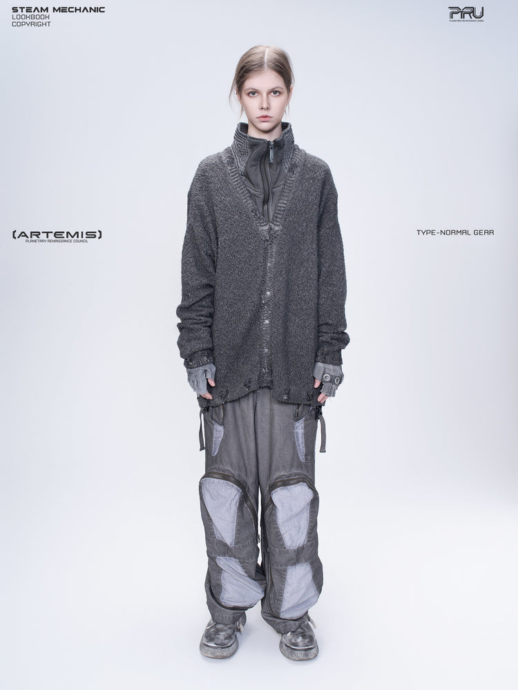 PIONEER moon dust gray moon-protection distressed sweater — front modeled product view