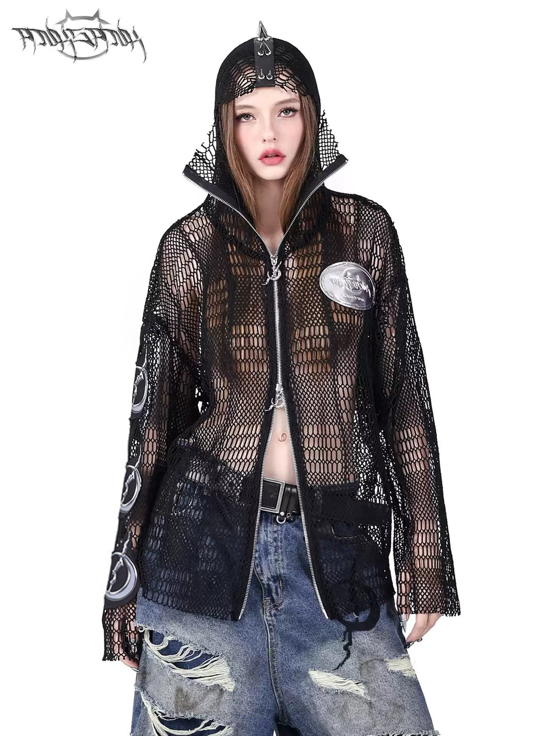 PINKSPINK ELECTRIC MOON spiked open-mesh zip hoodie in black — front modeled close-up with the hood raised and two-way zip partly open