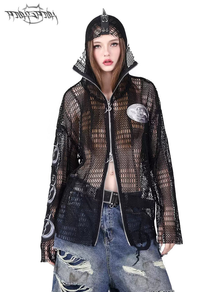 PINKSPINK ELECTRIC MOON spiked open-mesh zip hoodie in black — front modeled close-up with the hood raised and two-way zip partly open