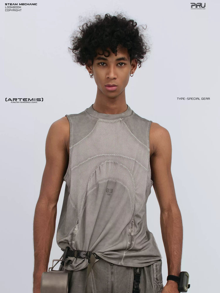 AEGIS lunar sea gray distressed mesh tank — front three-quarter modeled view with arms lowered