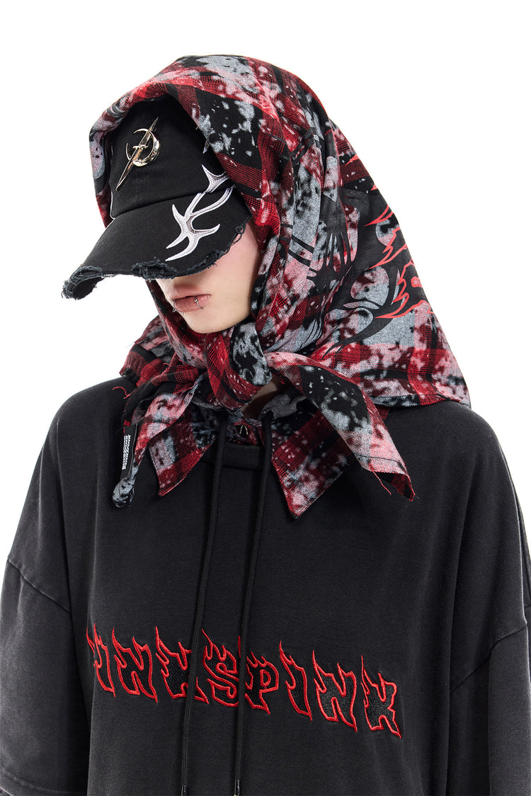 PINKSPINK REMAKE red-plaid bandana top / headscarf — alternate angle showing the shape and finish