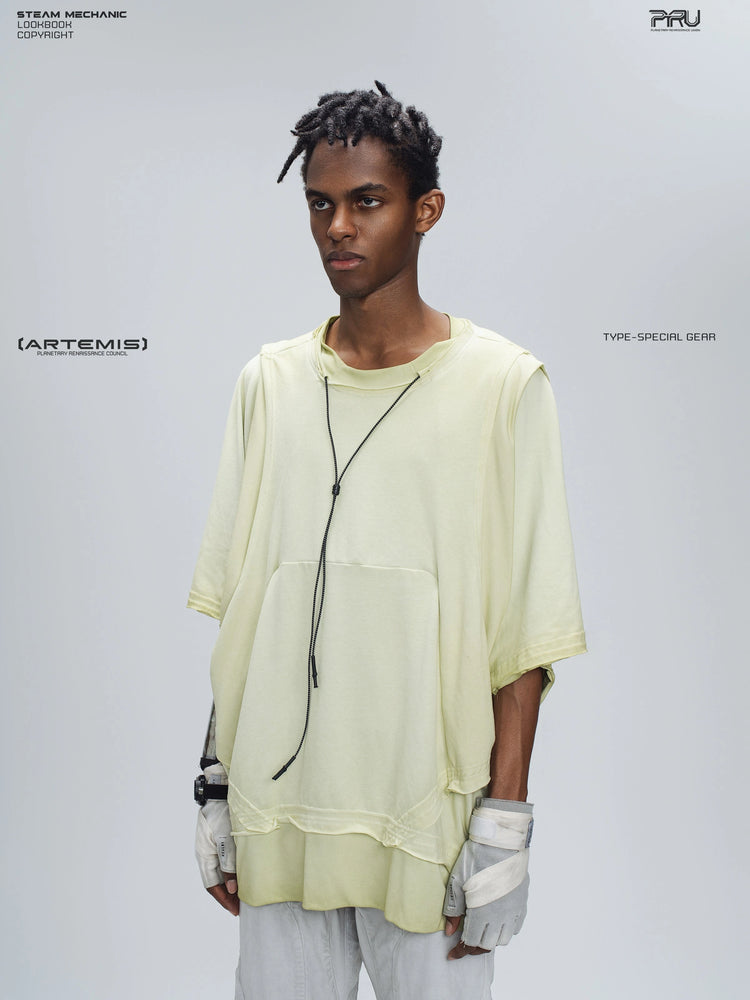 SUPERNOVA nebula green convertible drawstring technical tee — three-quarter modeled view facing left