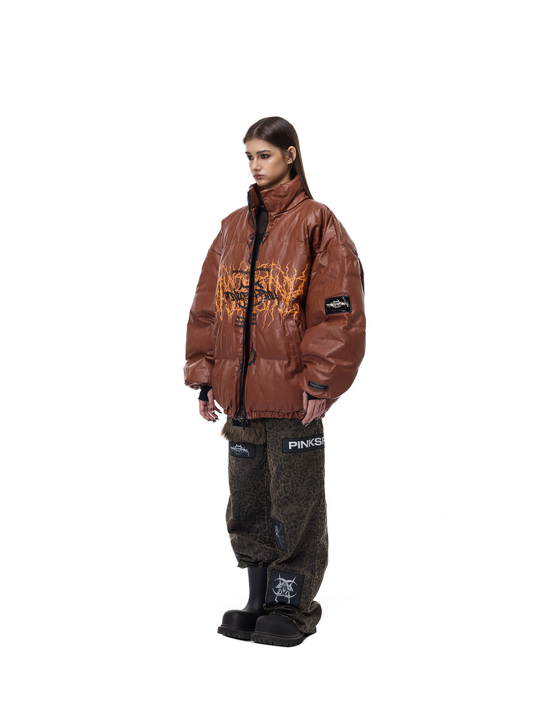 PINKSPINK MOTORBLOC padded faux-leather jacket — caramel brown full-length three-quarter view